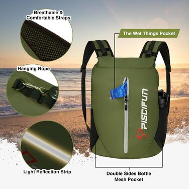 Сухий рюкзак Piscifun LT 10 л, водонепроникний, з поясною сумкою та чохлом для телефону, для каякінгу, кемпінгу, пляжу, армійсько-зелений