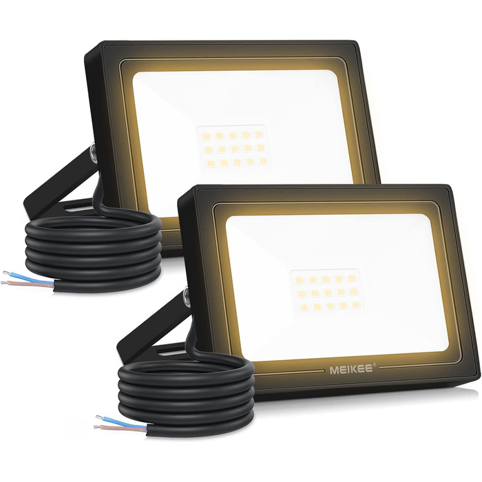 MEIKEE LED прожектор 60 Вт для вулиці, теплий білий 2700K, 5200 лм, IP66 водонепроникний, надяскравий світлодіодний ліхтар для саду, двору, гаража, під'їзду, комплект 2 шт.