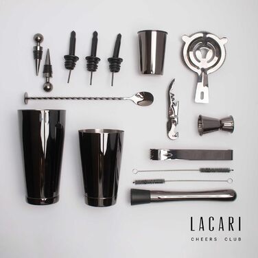 Преміум набір для коктейлів Lacari 17 предметів, чорний, бостонський шейкер з нержавіючої сталі, мірник, стрейнер, мадлер, щипці та аксесуари для бару