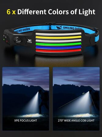 Світлодіодний налобний ліхтар Smiling Shark, надяскравий, 6 LED, широкий кут, водонепроникний, акумуляторний, для кемпінгу, бігу та риболовлі (мультиколор)