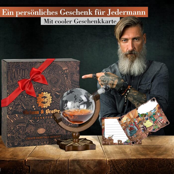 Графин для віскі з натурального дерева Grimm & Brothers Kompass 850 мл, подарунковий набір з листівкою, аксесуари для віскі, подарунок чоловікові, глобус