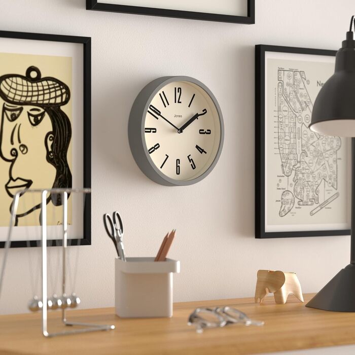 Настінний годинник JONES CLOCKS® для ванної та кухні, ретро, круглий, 20 см, сірий, великі цифри, для офісу, дитячої, маленьких приміщень