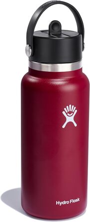 Термобутилка Hydro Flask 946 мл, вакуумна, нержавіюча сталь, з гнучкою кришкою та трубочкою, широка горловина, червона (Berry Red)