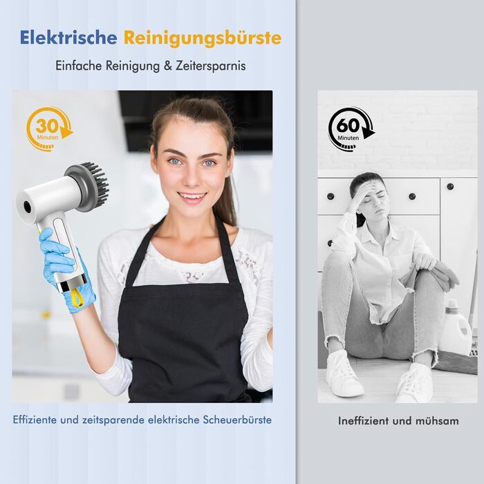 Електрична щітка для прибирання Spin Scrubber з 5 насадками, 2 режими, LED-індикатор — для ванної, плитки, швів, кухні, скла, гриля та шин