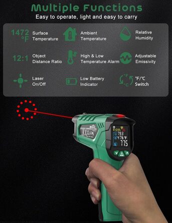 Інфрачервоний термометр SQECH з лазером, -50℃~600℃, регульований коефіцієнт випромінювання, кольорове підсвічування, для кухні, піца-печі, холодильника, промисловості (червоний, зелений до 800℃)
