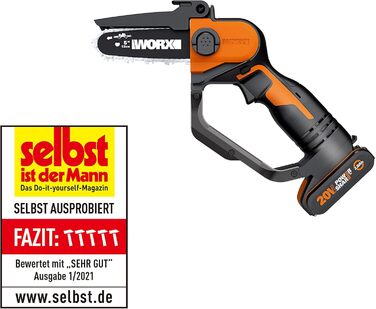 Акумуляторна одноручна ланцюгова пила WORX WG324E 20В, 12 см, з акумулятором і зарядкою, PowerShare