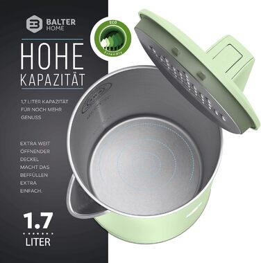 Електричний чайник Balter WK-4, 1,7 л, нержавіюча сталь, подвійні стінки, без BPA, LED підсвітка, компактний, тихий, чорний/м'ятний