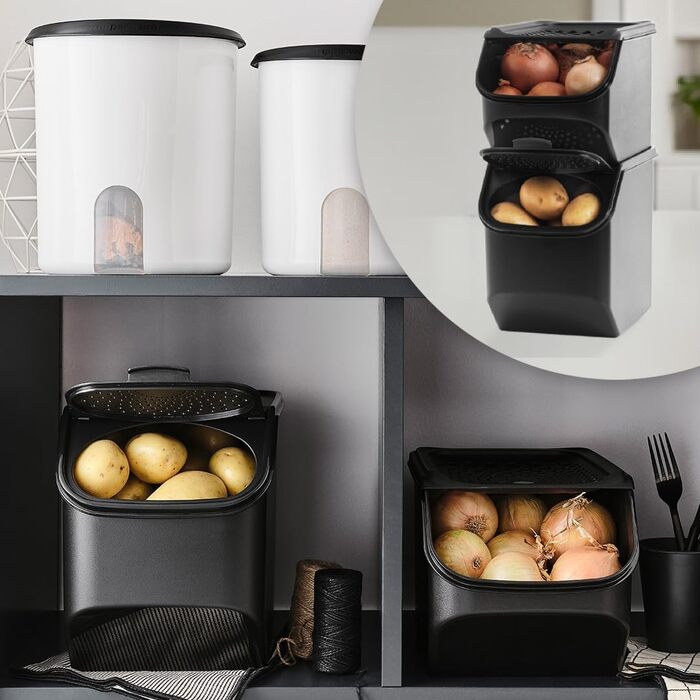 Набір контейнерів Tupperware для картоплі, цибулі та часнику PotatoSmart 8,3 л, OnionSmart 5,5 л, GarlicSmart 2,3 л — інноваційні контейнери для зберігання овочів з оптимальною вентиляцією, штабельовані, для посудомийної машини