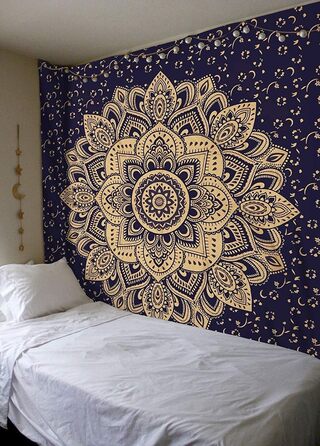 Богемний гобелен Mandala Ombre синьо-золотий, настінний килим 85x89 дюймів, багатобарвний, для декору кімнати, гіпі стиль