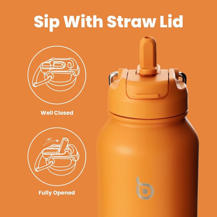 Термос-пляшка з нержавіючої сталі з трубочкою BOTTLE BOTTLE, 1 л, для спорту, з ручкою, для пігулок, біла/помаранчева