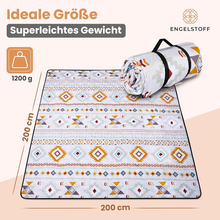Пікнікова ковдра Engelstoff водонепроникна Boho 200x200 см — пляжна термоковдра XXL для відпочинку, парку, подорожей, кемпінгу, ізоляційна, з e-book