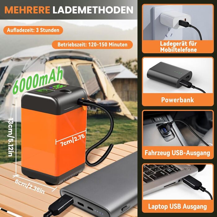Портативний душ для кемпінгу 6000mAh з помпою, індикатором температури, душовою насадкою та 2м шлангом для саду, подорожей, авто і тварин