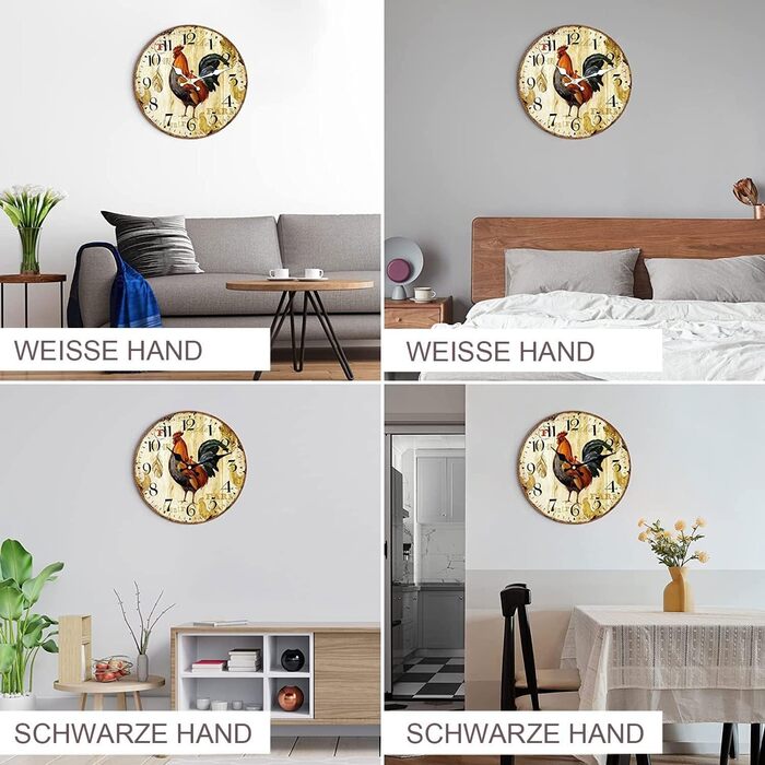 Настінний годинник VIKMARI Rustic Rooster 12 дюймів, безшумний кварцовий, круглий для кухні, батарейковий