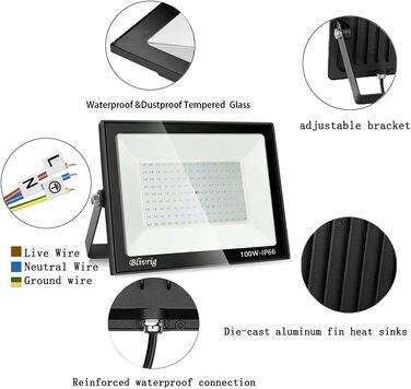LED прожектор Blivrig 100W тепле світло 3000K, для вулиці, IP66 водонепроникний, 10000 лм, суперяскравий, для саду, гаража, двору