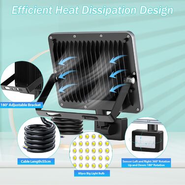 LED прожектор з датчиком руху для вулиці 100 Вт, 2 шт, 10000 лм, холодне біле світло 6500K, IP67 водонепроникний, для складу, саду, гаража