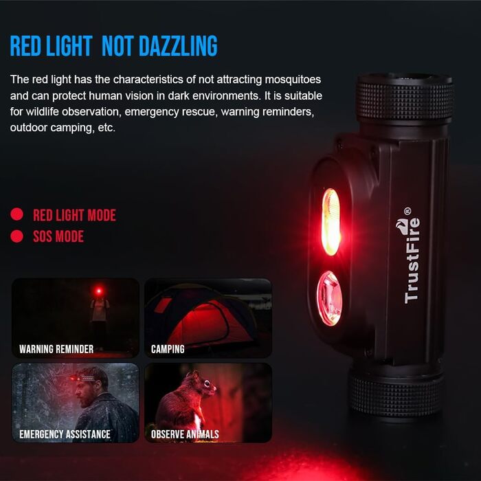 Налобний ліхтар TrustFire MC18, 1200 люмен, LED, водонепроникний, 5 режимів, акумуляторний, з червоним ремінцем, для бігу та туризму
