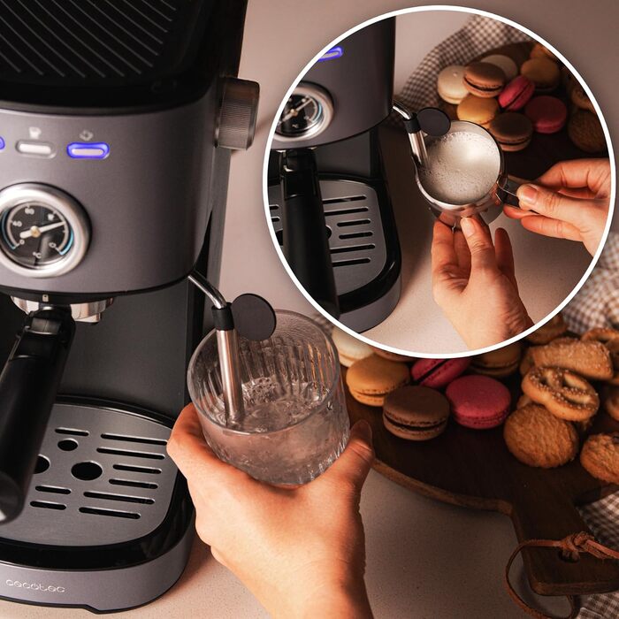 Кавоварка еспресо Cecotec Power Espresso 20 Pecan, 1100 Вт, 20 бар, термоблок, сталевий корпус, манометр, 1,25 л, подвійний фільтр, парова насадка