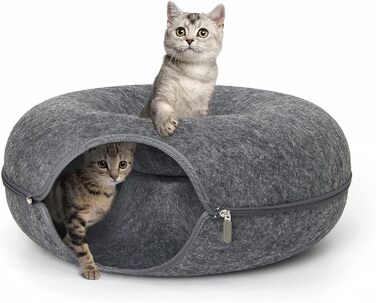 Lucky Sign – Котяча печера-тунель з фетру, багатофункціональне ліжко для котів, диван-іграшка, затишний кошик та подушка для кішки, 50x50x20 см, темно-сірий