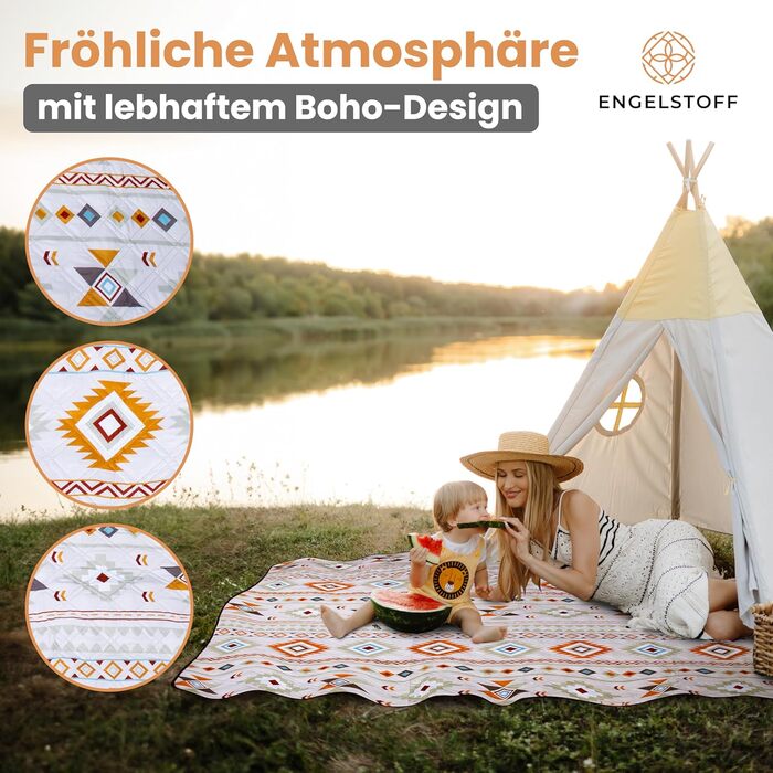 Пікнікова ковдра Engelstoff водонепроникна Boho 200x200 см — пляжна термоковдра XXL для відпочинку, парку, подорожей, кемпінгу, ізоляційна, з e-book