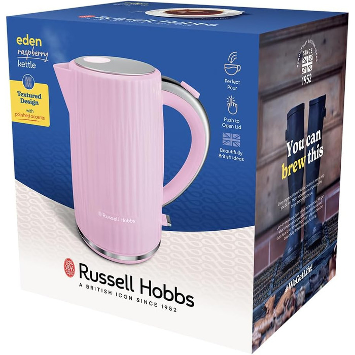 Електрочайник Russell Hobbs Eden 1,7 л 2400 Вт, білий, з нержавіючої сталі, знімний фільтр від накипу, індикатор рівня води, кнопка відкриття кришки, без BPA