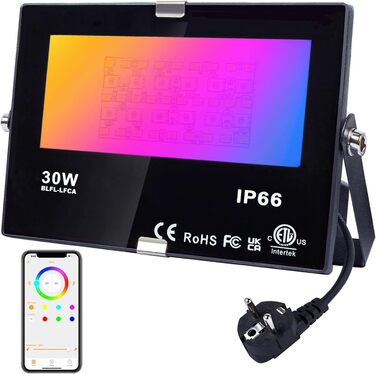 Світлодіодний прожектор DUSKTEC RGB 80Вт, диммований, зовнішній, з APP, Bluetooth, зміна кольору, IP66, для саду, тепле біле світло, з вилкою