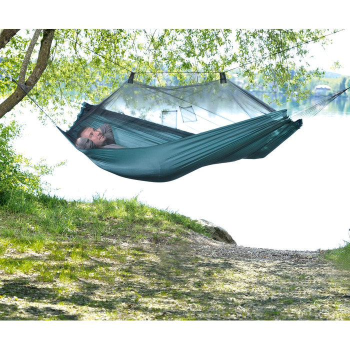 Ультралегка гамак-сітка AMAZONAS Moskito Traveller 220x140 см, до 150 кг, зелений, з підвісним комплектом T-Strap