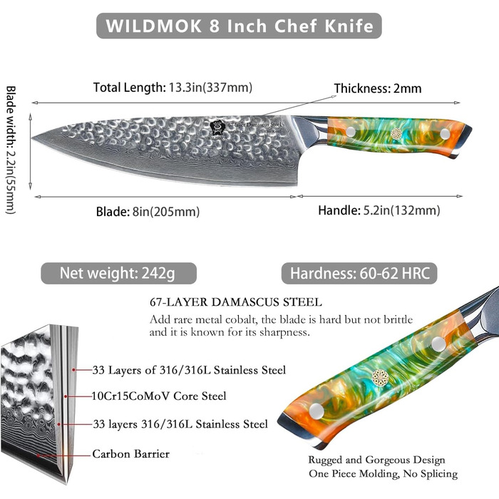 Кухонний ніж WILDMOK з дамаської сталі 67 шарів, лезо 20,8 см, повний хвостовик, ручка з епоксидної смоли