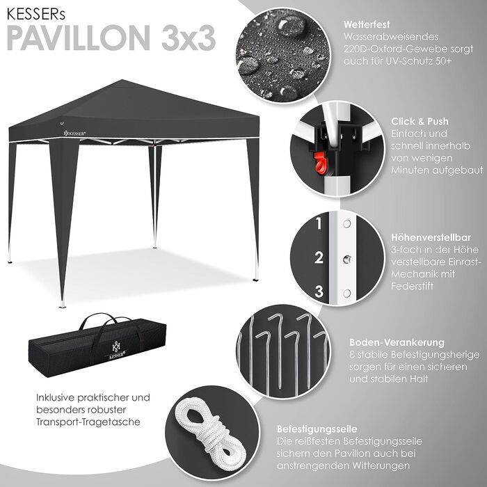 Павільйон садовий KESSER 3x3 м, водонепроникний, UV 50+, металевий каркас, швидкорозкладний, з сумкою, антрацит