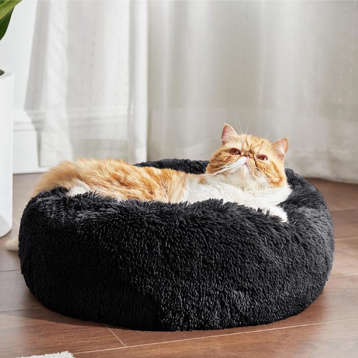 Ліжко для котів і собак BEDSURE, м'яке плюшеве кругле місце для сну, чорне, 50x50x16 см, пране, затишне лежанка для домашніх тварин
