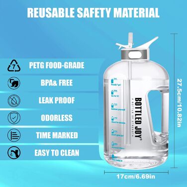 Пляшка для води з трубочкою 3.5 л, BPA-free, герметична, пластикова спортивна пляшка з часовими мітками для фітнесу, офісу, дому та активного відпочинку