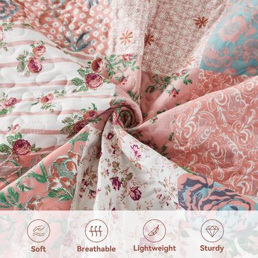 Покривало Qucover 230x230 рожеве, патчворк з мікрофібри для двоспального ліжка, комплект з 2 наволочками, легка софа-декка в стилі кантрі, ультразвукове зшивання