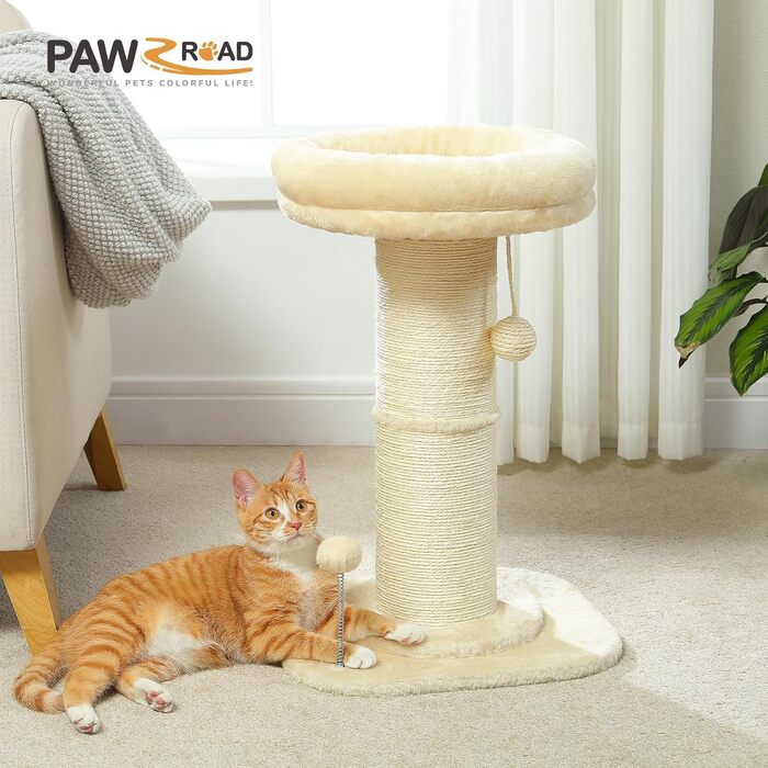 Високий котячий дряпак PAWZ Road для домашніх котів, товста стійка 14 см, м'яке знімне лежанка, іграшка з пір'ям, бежевий