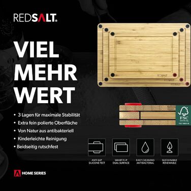 Набір обробних дощок REDSALT з біо бамбука, 3 шт, антибактеріальні, обидві сторони, глибокий жолоб для соку, не ковзають, FSC сертифікат, преміум-якість, розміри 38x26, 32x22, 26x18 см