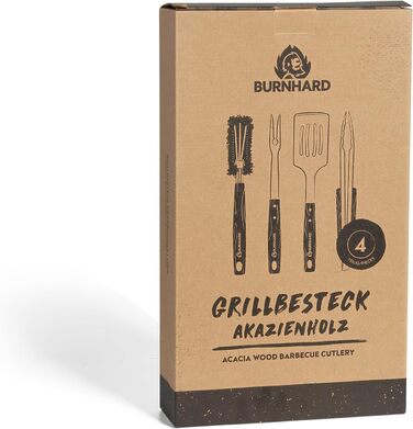 Набір гриль-інструментів BURNHARD, 4 предмети, 42 см, нержавіюча сталь та акація: щипці, лопатка, вилка, щітка з довгими ручками і петлями для підвішування