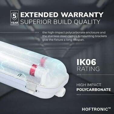 HOFTRONIC LED світильник для вологих приміщень 150 см 60W 6000K холодне біле світло, 10500 лм, 175 лм/Вт, без мерехтіння, з'єднуваний, T8, IP65, водостійкий, подвійний, для гаража, підвалу, офісу