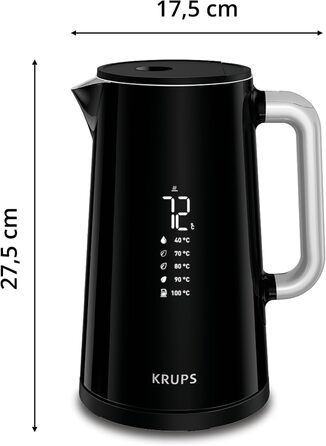 Електрочайник Krups Smart'n Light, 1,7 л, 5 температур, нержавіюча сталь, подвійна стінка, чорний