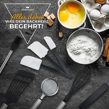 KRONENKRAFT® 42-елементний набір кухонних аксесуарів з нержавіючої сталі та нейлону — набір кухонного приладдя з лопаткою, вінчиком, ложкою, мірними чашками, лопаткою, відкривачкою, овочечисткою, скребком