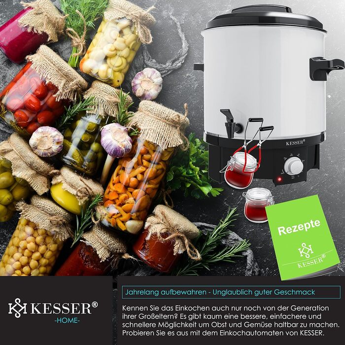 Автомат для консервування KESSER 27 л, нерж. сталь, 1800 Вт, 30-100°C, з функцією постійної роботи та автоотключення, для напоїв і глінтвейну, із щипцями та 2 банками
