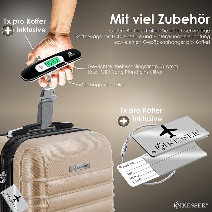 Валіза KESSER® 75 см 120 л, жорсткий ABS, з вагами та биркою, 4 колеса, телескопічна ручка, кодовий замок, шампань