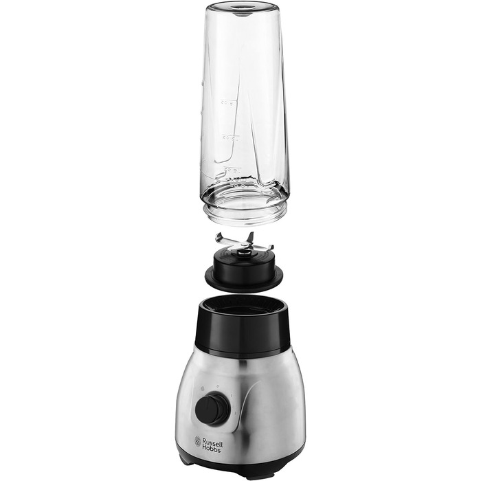 Стаціонарний блендер Russell Hobbs 2-в-1: 1,5 л скляна чаша + 0,6 л пляшка для смузі, нержавіюча сталь, подрібнення льоду, BPA Free, для коктейлів та смузі, модель 23821-56
