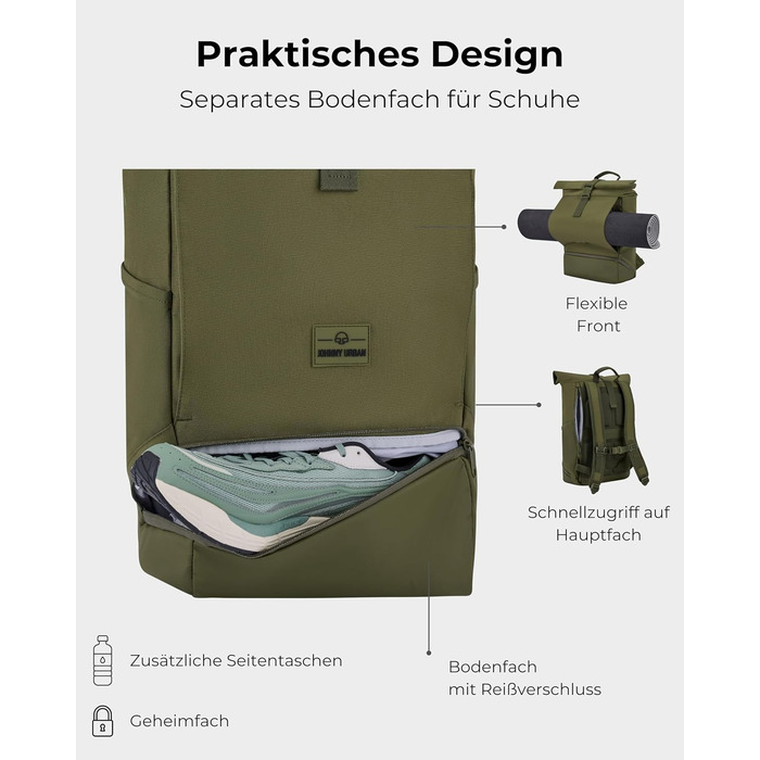 Рюкзак Johnny Urban Allen Medium 15 л для жінок і чоловіків, роллтоп, водовідштовхувальний, з відділенням для ноутбука, для університету, велосипеда, бізнесу, оливковий, екологічний