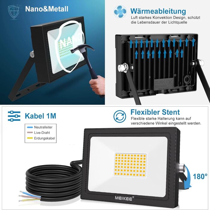MEIKEE LED Прожектор 60 Вт, тепле біле світло 2700K, 5200 Лм, суперяскравий, 2 шт., IP66 водонепроникний, для саду, двору, гаража, під'їзду