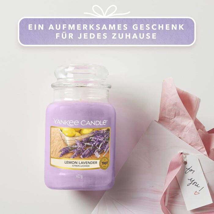 Ароматична свічка Yankee Candle у склі Lemon Lavender, велика, до 150 годин горіння, подарунок для жінок, ідеально на День матері