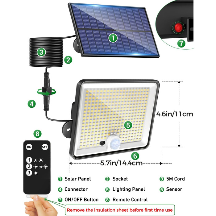 LOTMOS сонячні LED ліхтарі для вулиці з датчиком руху, 342 LED, IP65, 3 режими, тепле біле світло, з пультом, для саду та гаража, 4 шт.