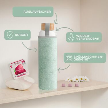 Подарунковий набір waterdrop® для мами: скляна пляшка 1 л + 18 цукрозамінних драже, подарунок для жінок, набір з пляшкою для води, смаковими драже та вітамінами, підходить для газованої води