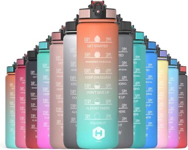 Пляшка для води 1 л BPA-free зі соломинкою та мірною шкалою, для велосипеда, спорту, школи, зручна для газованих напоїв, помаранчева та світло-зелена з помаранчевою кришкою