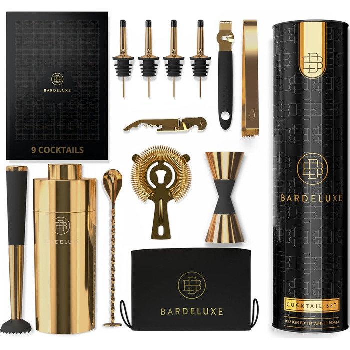 BarDeluxe® набір для коктейлів 12 предметів, набір бармена, міксер для коктейлів | шейкер 750 мл з нержавіючої сталі, подарунковий набір для коктейлів (глибоке золото)