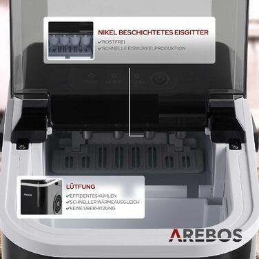Льодогенератор Arebos 12 кг/24 год, R600a, 1,1 л, самочистка, тихий, з лопаткою та контейнером, чорний, 8 кубиків за 10 хв, льодогенератор зі скляним вікном