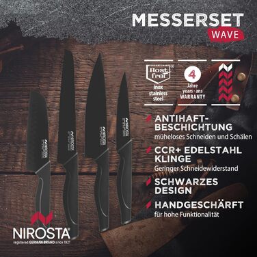 Набір ножів Nirosta Wave, 4 шт, преміум нержавіюча сталь, зручна ручка Soft-Touch, універсальні кухонні ножі, чорний колір