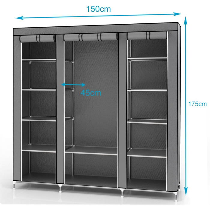 Тканинна шафа INTIRILIFE 150x175x45 см з блискавкою, полицями, штангою та бічною кишенею, для одягу, кемпінгу, сірий